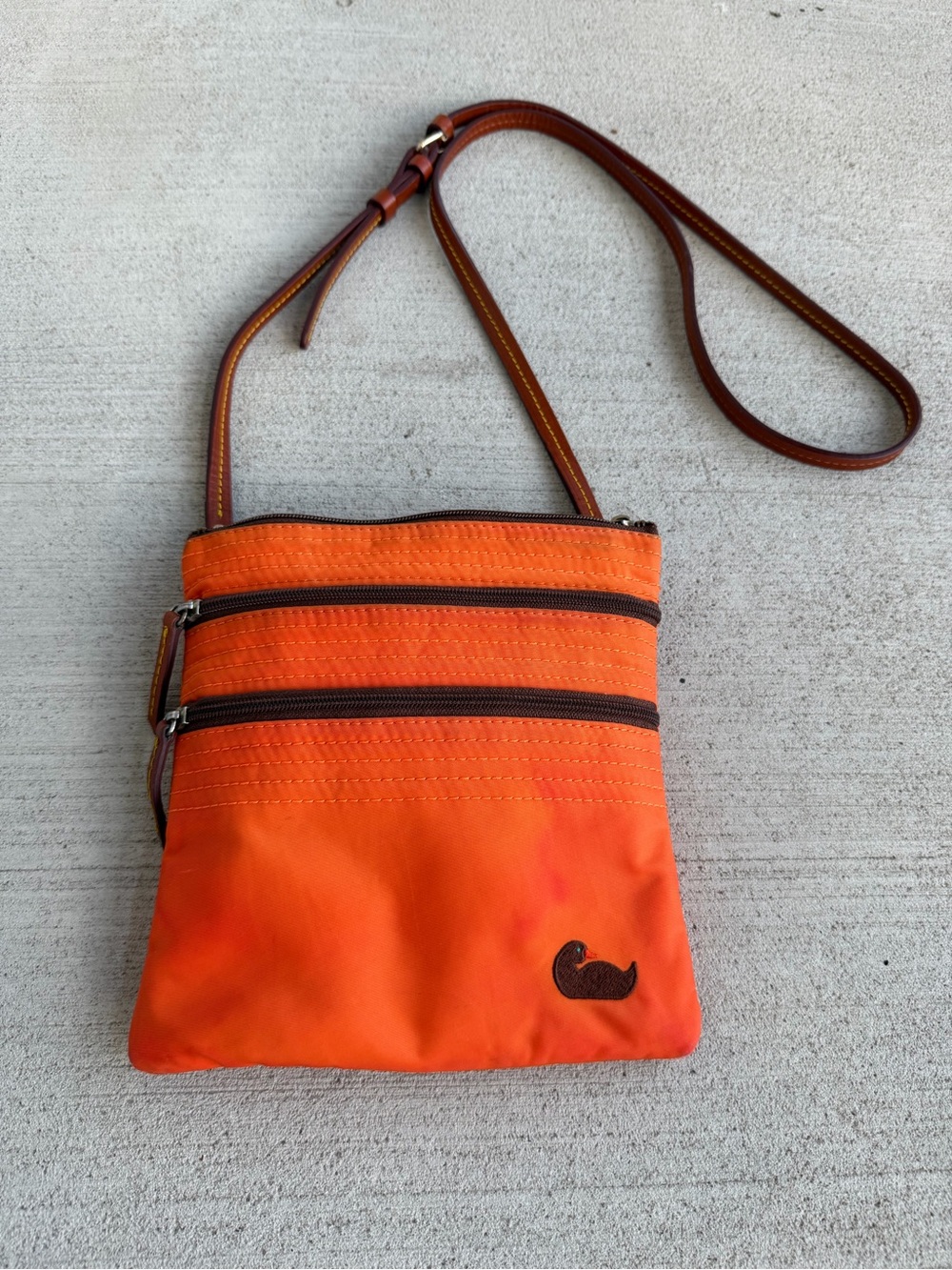 Dooney & Bourke Orange Nylon Crossbody Bag Duck Logo Leather Trim Adjustable